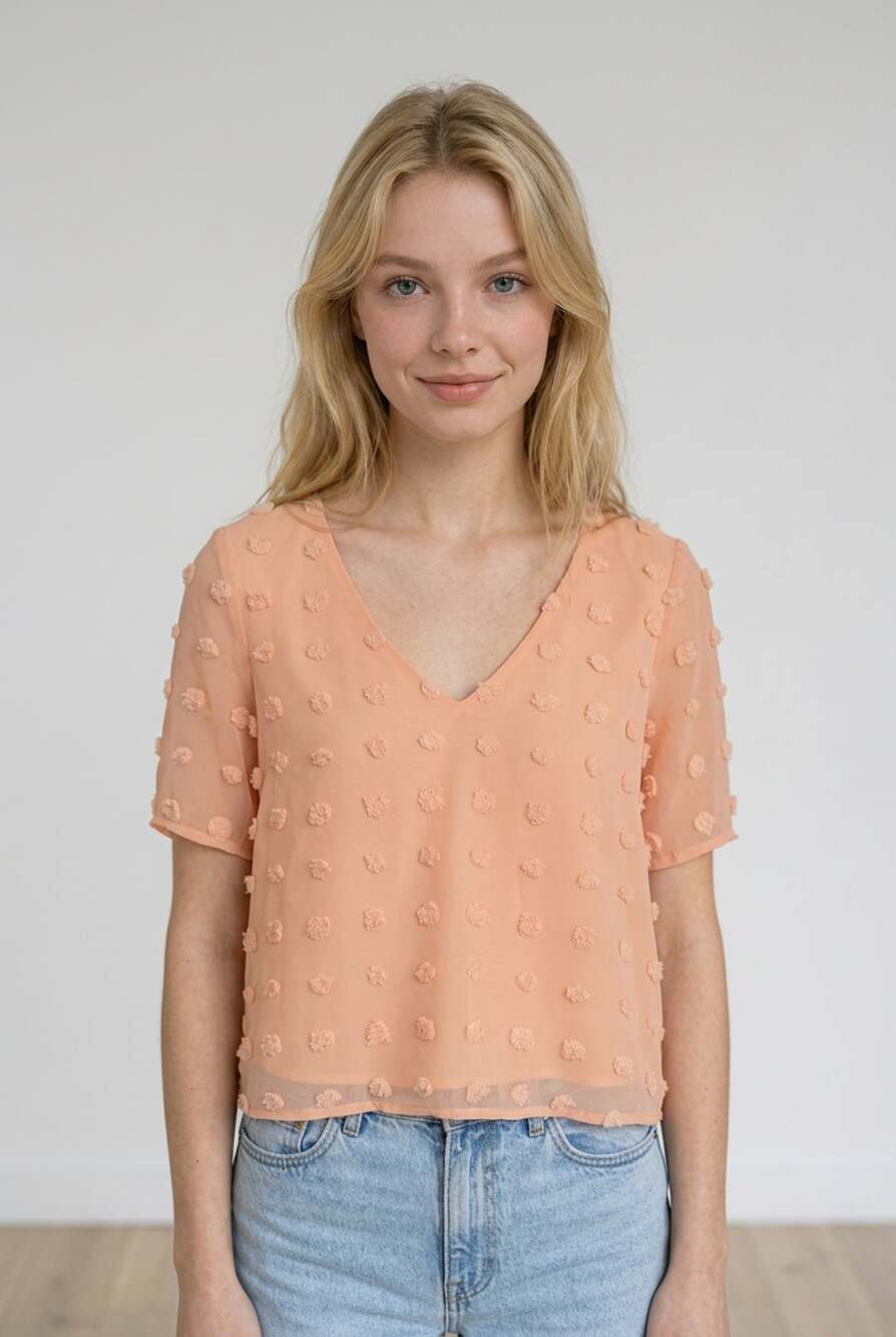 Lulus Women's Peach Swiss Dot V-Neck Short Sleeve Blouse